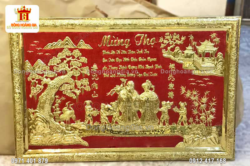 Tranh đồng mừng thọ &ocirc;ng b&agrave; d&aacute;t v&agrave;ng 24K khổ nhỏ